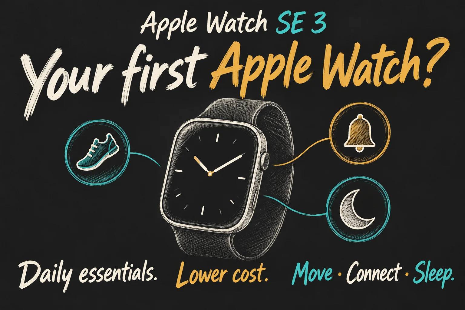 AI-generated Apple Watch SE 3 buying concept with a generic rectangular watch, walking shoe, notification bell and moon for first-time daily use.