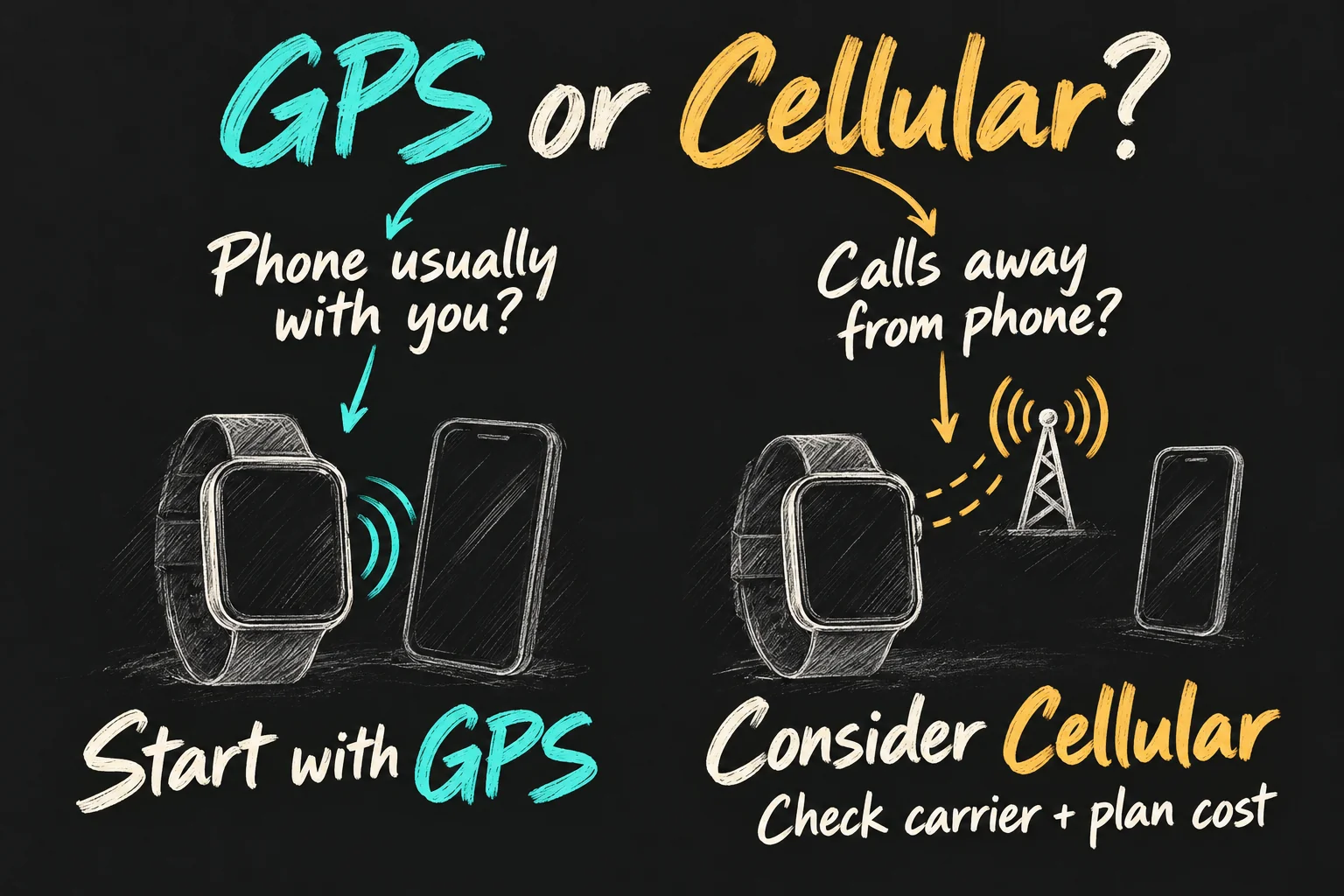 AI-generated GPS versus Cellular decision sketch contrasting a nearby phone with calls away from the phone and checking carrier and plan costs.