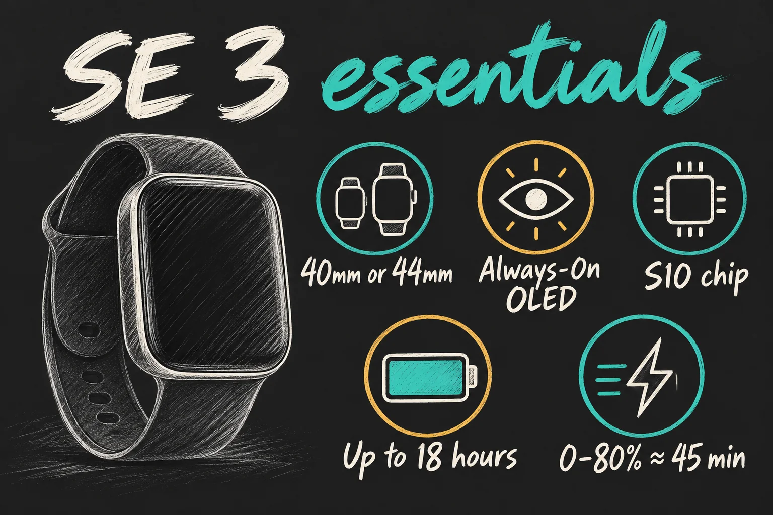 AI-generated SE 3 specification sketch showing 40mm or 44mm, Always-On OLED, S10, up to 18 hours and about 45 minutes from 0 to 80 percent.