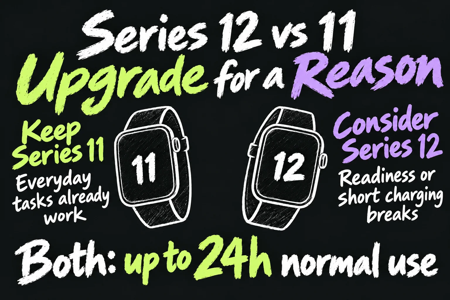 AI-generated Apple Watch Series 12 vs 11 buying diagram: keep a working Series 11 unless Readiness or brief charging flexibility solves a real need; both quote up to 24 hours of normal use.