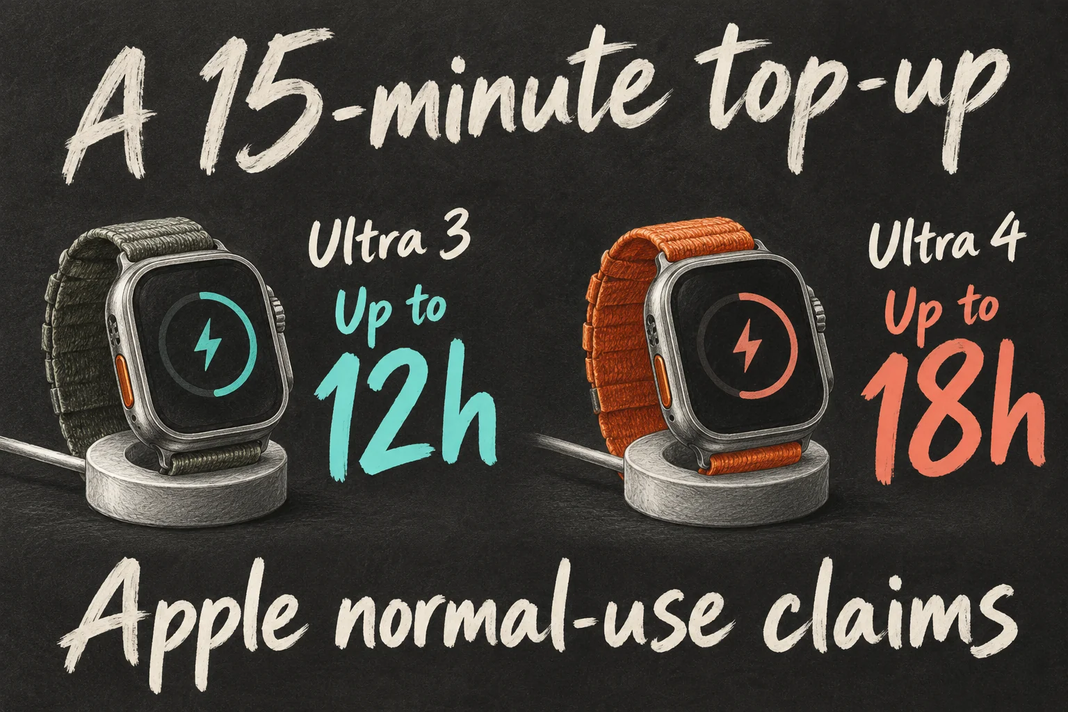 AI-generated comparison of Apple normal-use claims after a 15-minute charge: Ultra 3 up to 12 hours and Ultra 4 up to 18 hours.