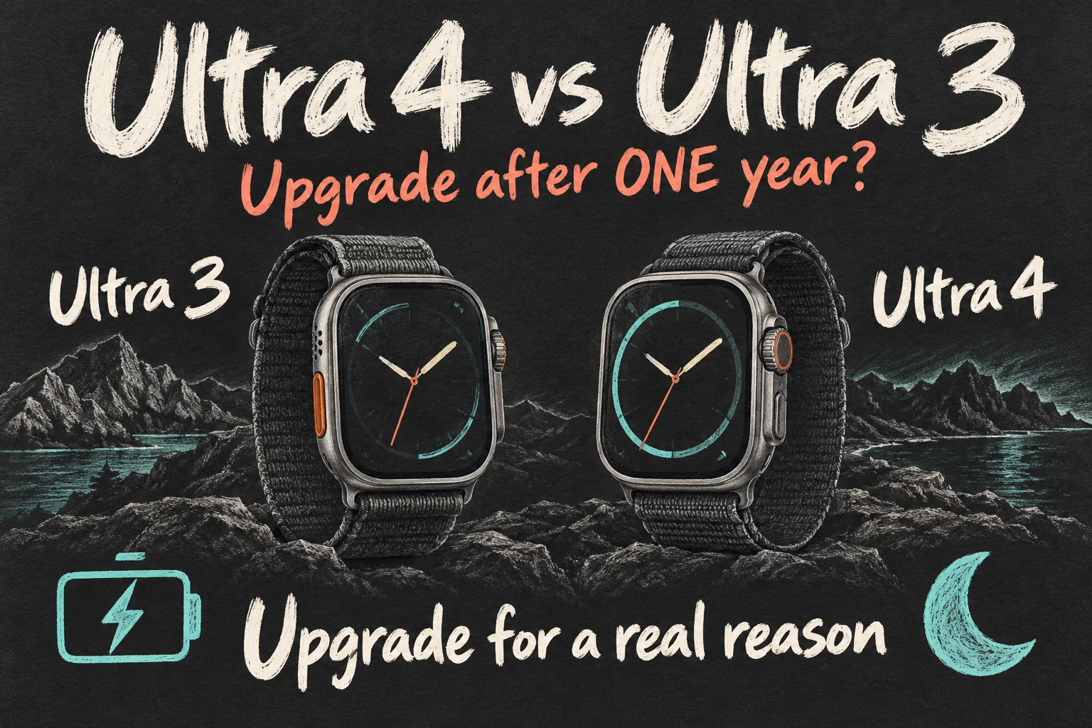 AI-generated Apple Watch Ultra 4 versus Ultra 3 concept illustration asking whether a one-year upgrade addresses a real charging or recovery-information need.